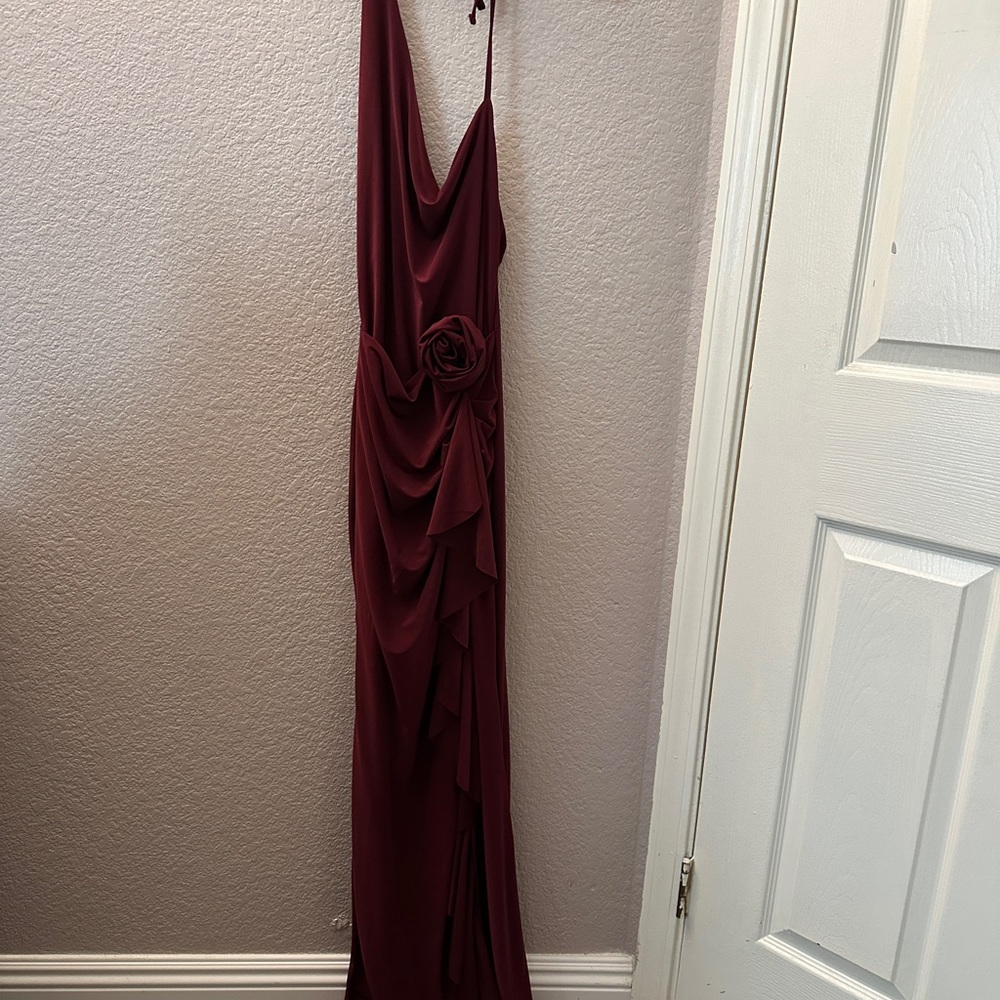 Club L London Lucena Burgundy Cowl-Neck Wrap Maxi Dress with Floral Drape